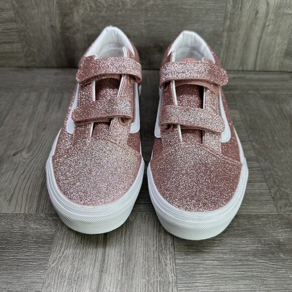 Vans Old Skool V Youth size 5.5/Women 7 Rose Gold Pink Glitter Skate Shoes - Picture 4 of 8